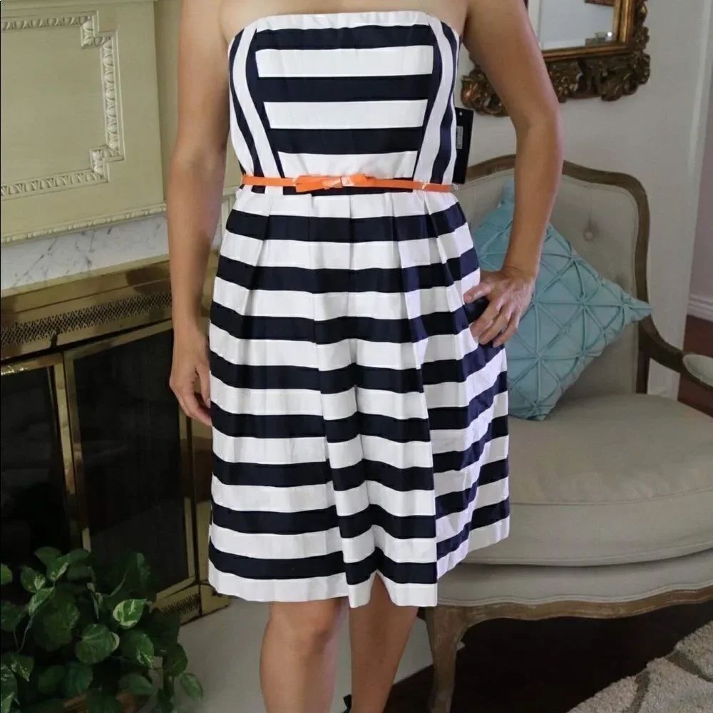 Navy blue and white Striped strapless dress